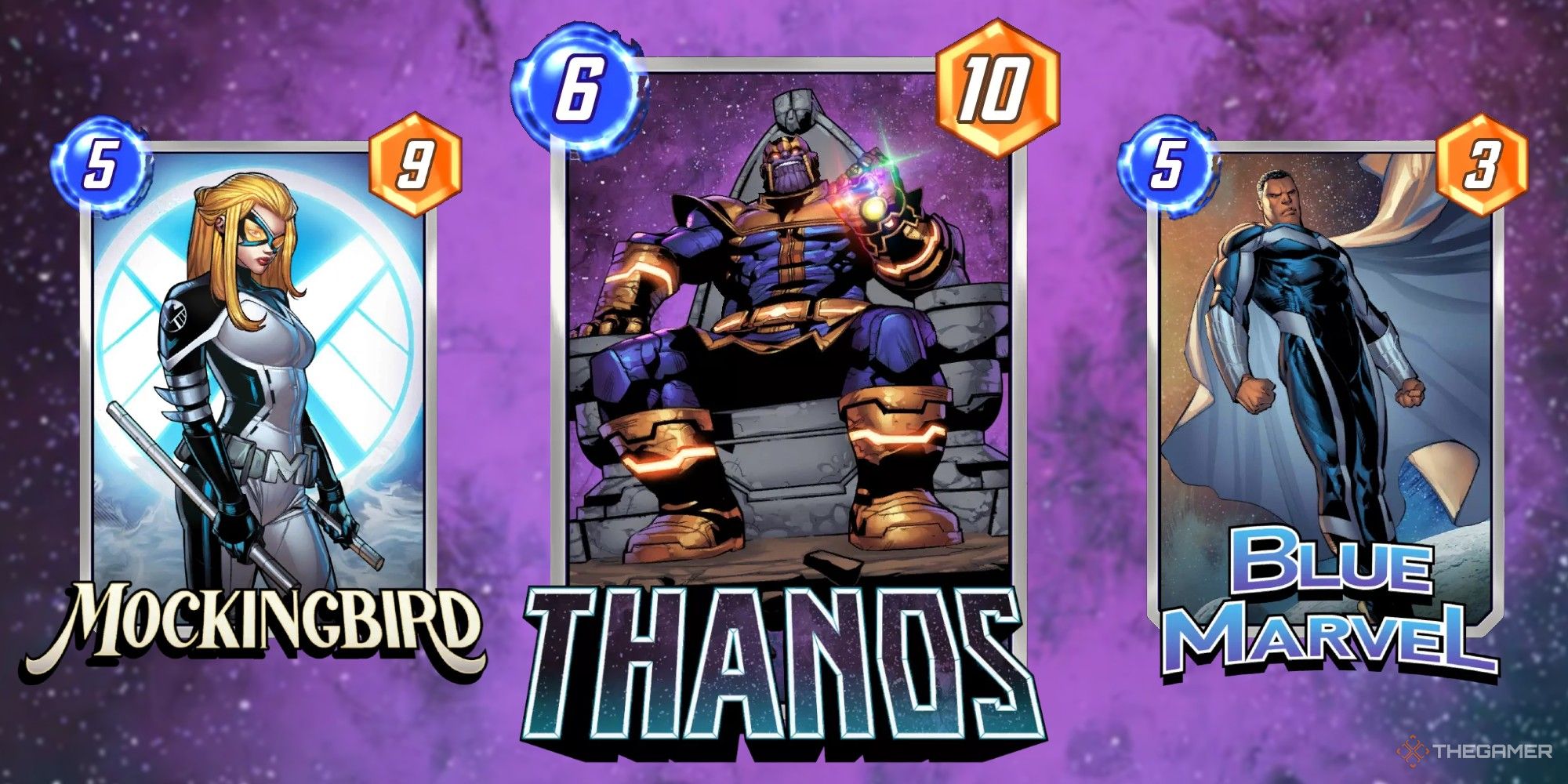 Marvel Snap Cards Mockingbird, thanos and blue marvel