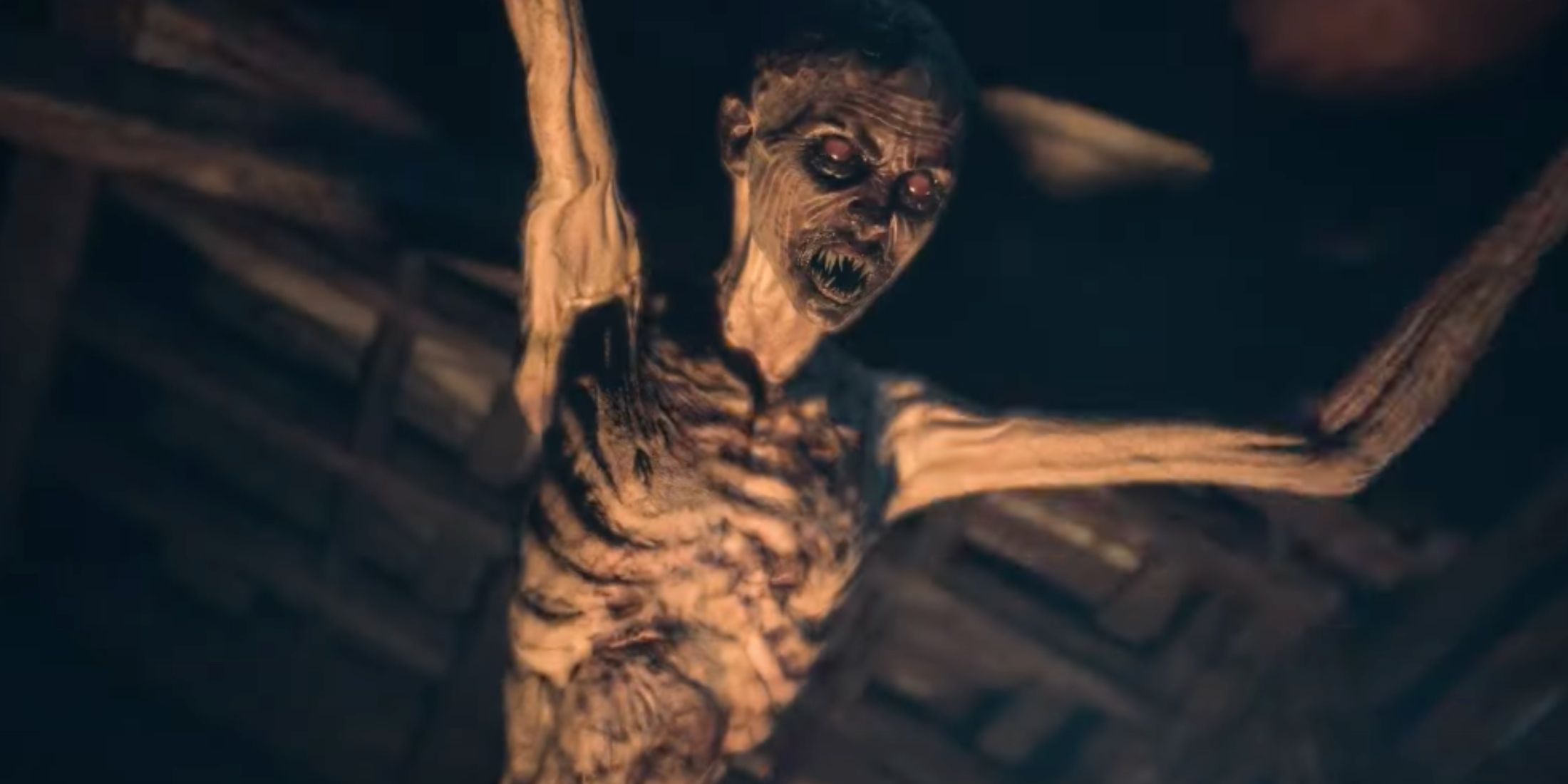 A close-up of the Wendigo with its arms up in Until Dawn