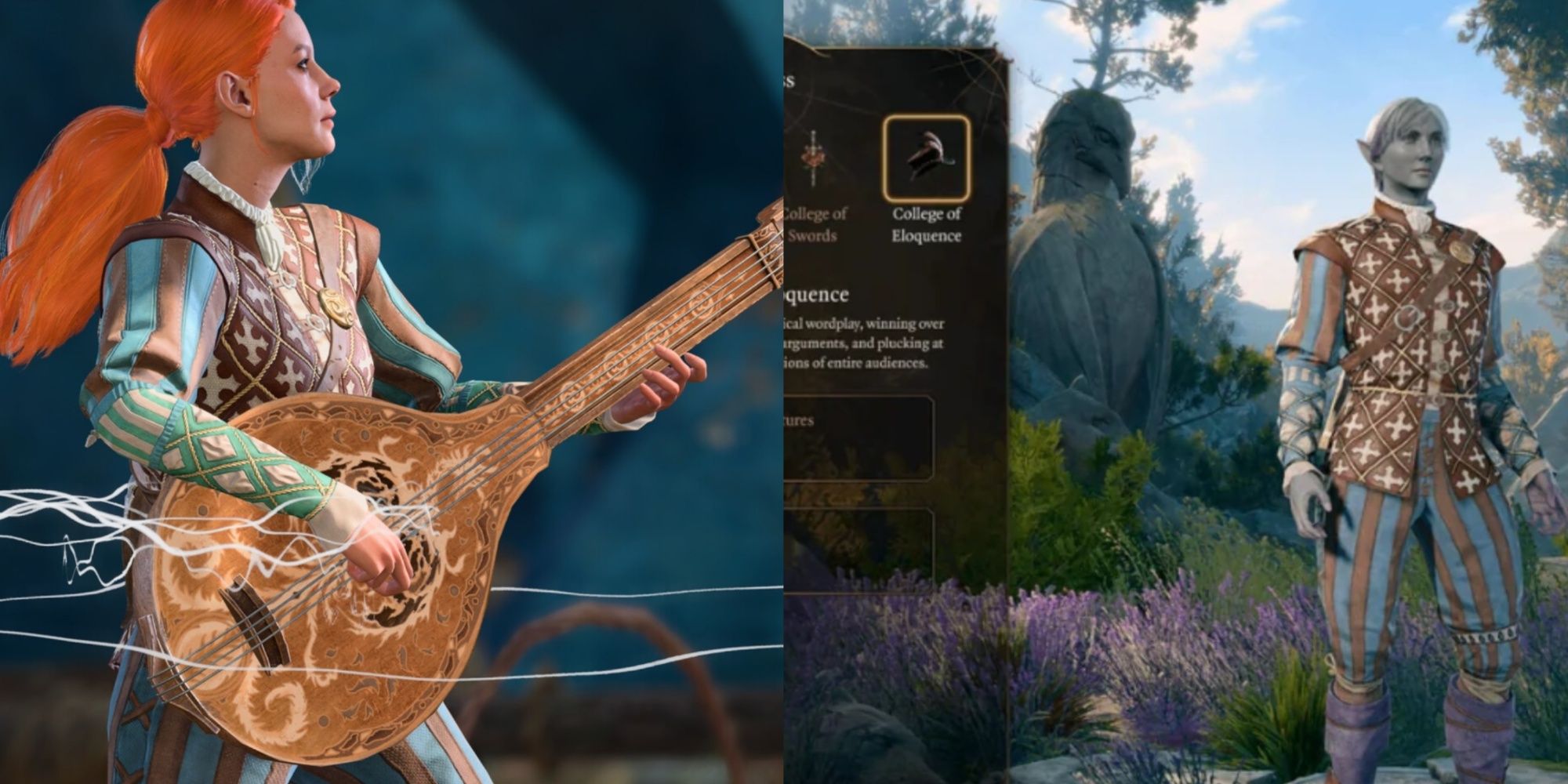 Baldur's Gate 3 collage featuring a bard playing an instrument and the character creation menu