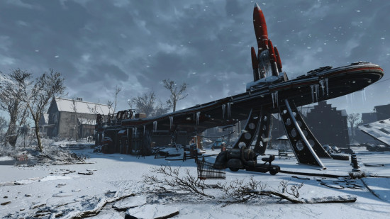 Best Fallout 4 mods: an old, run down rest stop, covered in snow, with icicles dangling from the edges of the building.