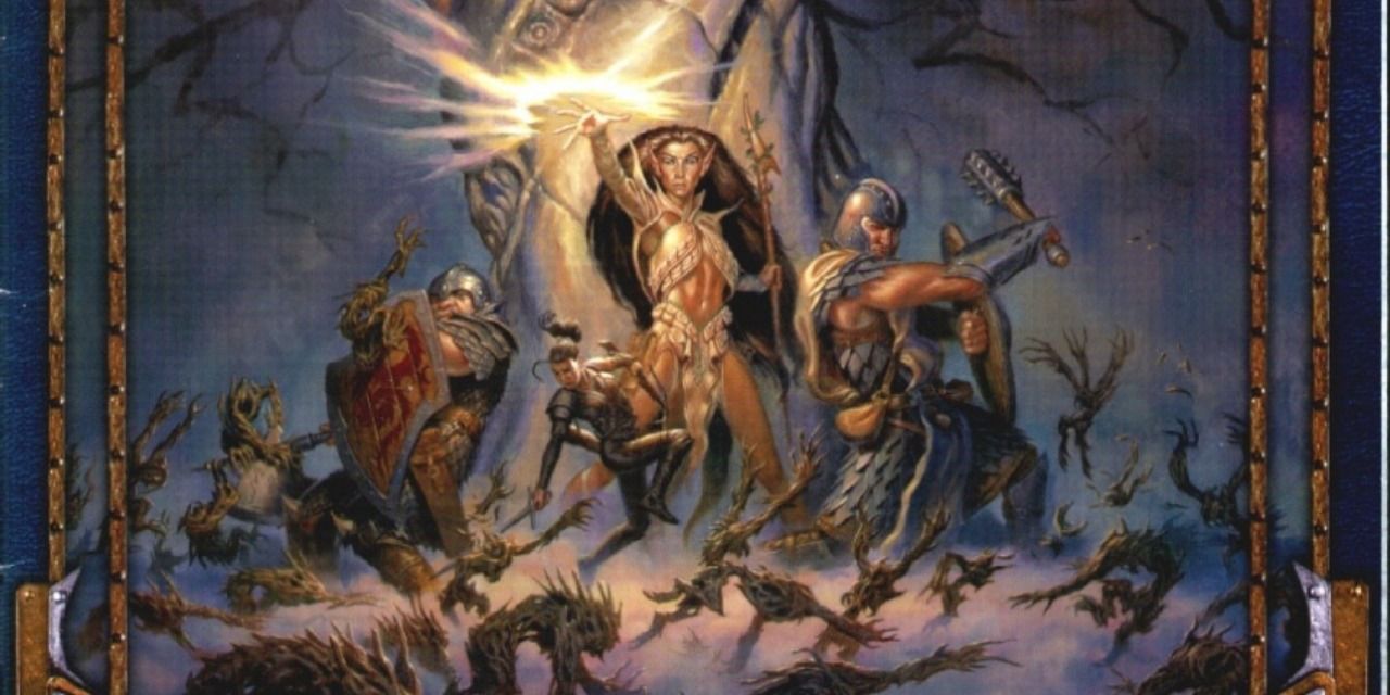 Adventuring party with a healing priest flanked by two melee fighters from Dungeons & Dragons.