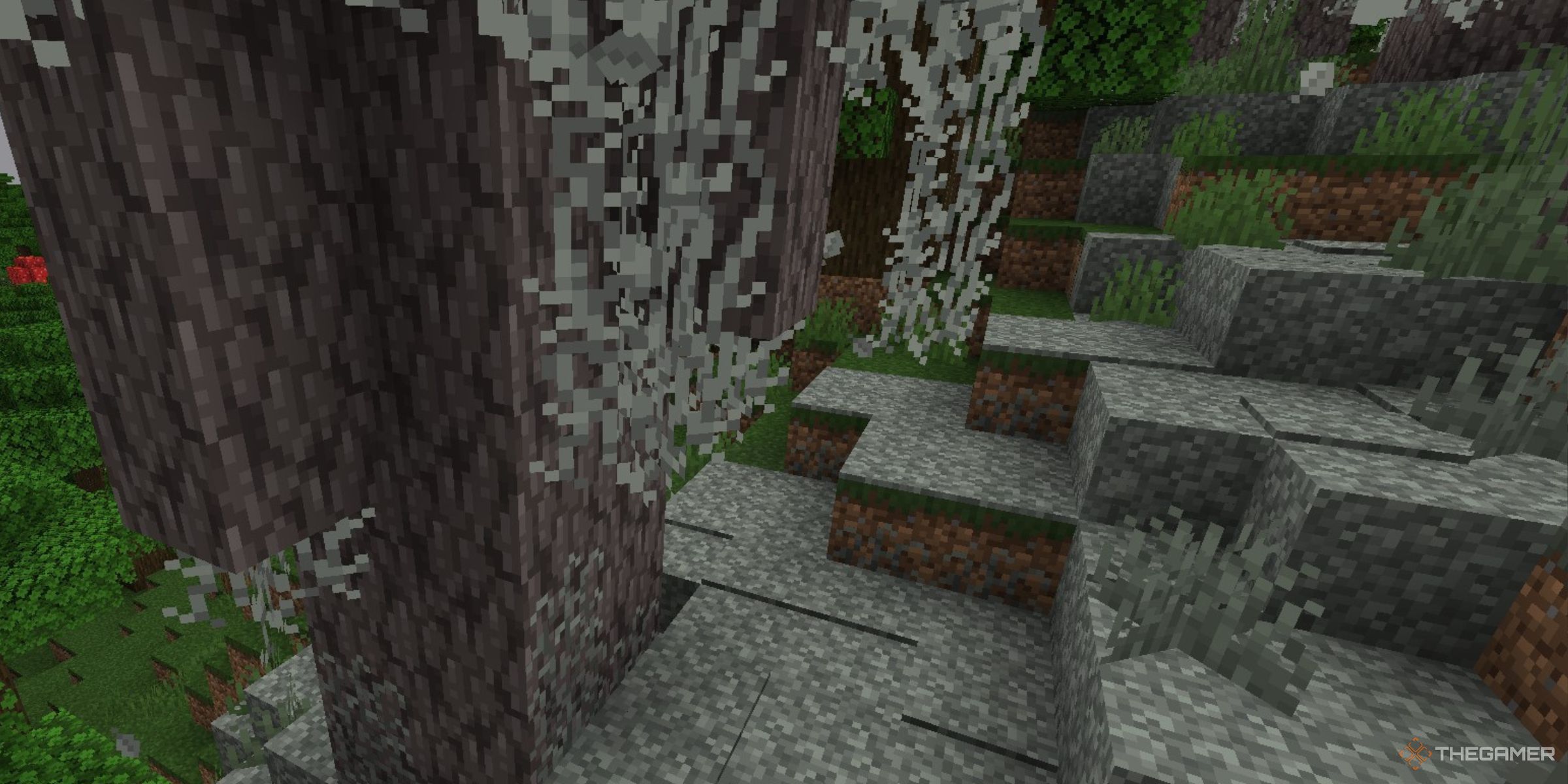 Pale Hanging Moss Surrounded By Pale Moss Carpet Below In A Pale Garden Biome In Minecraft: The Garden Awakens (1.21.4).