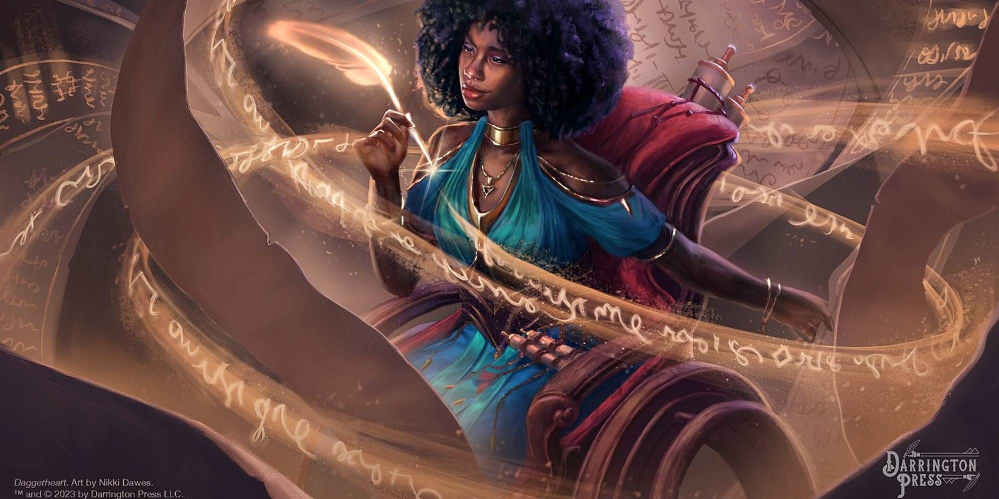 A woman sits surrounded by magic and parchment in Daggerheart art