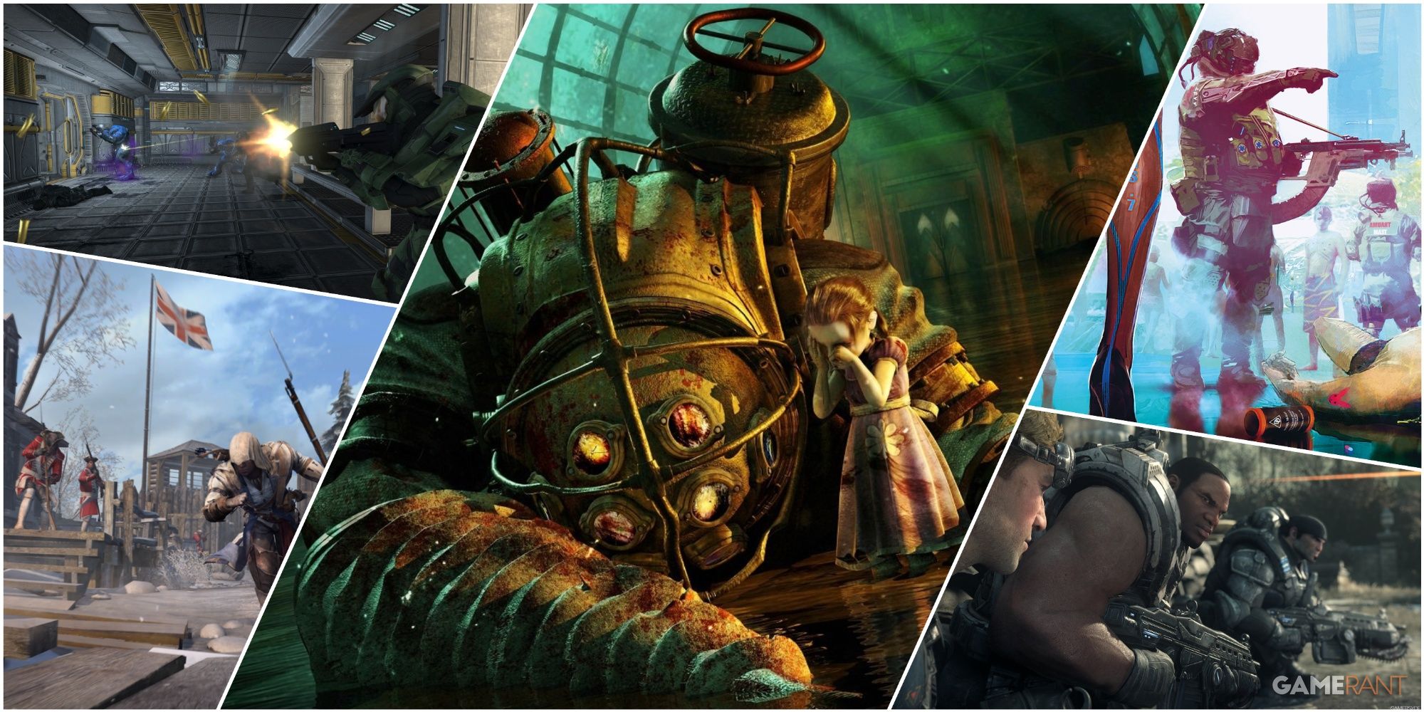 A Collage Of Art From Halo, Assassin's Creed III, Bioshock, Cyberpunk 2077 & Gears Of War