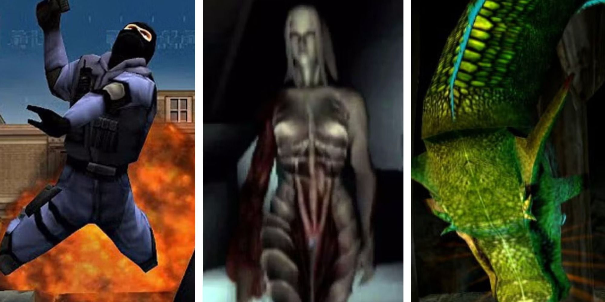 Split image enemy launched by explosion in Time Crisis, enemy from Resident Evil: Dead Aim, and long green foe from Ninja Assault