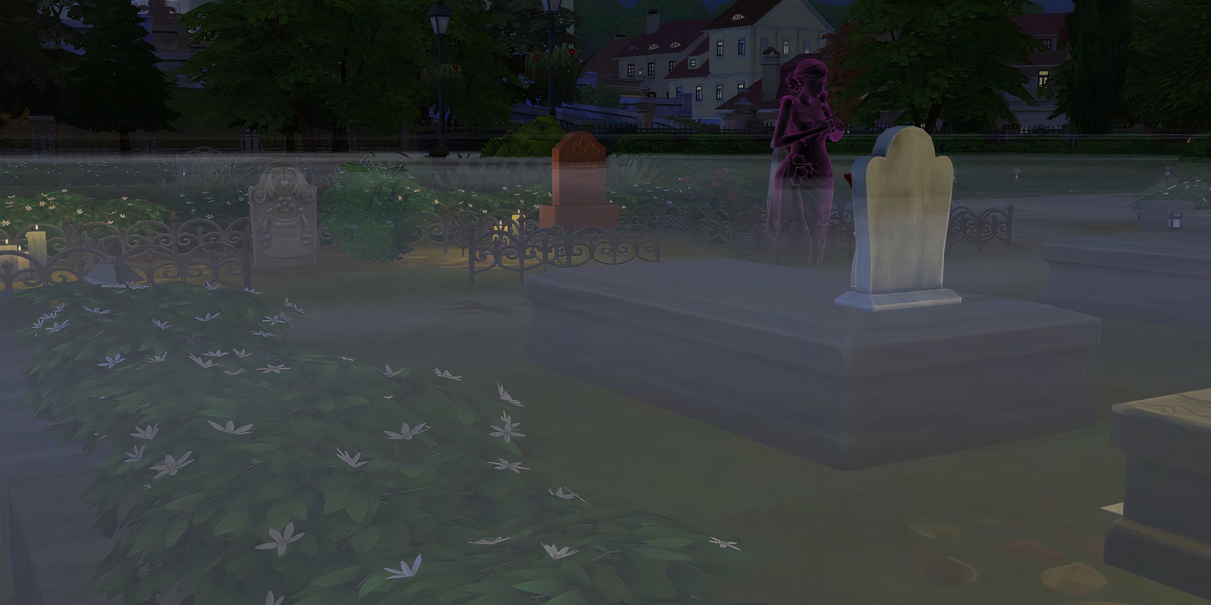 A Red Ghost Sim Found In A Foggy Cemetery From The Happy Haunts Mod Page In The Sims 4.