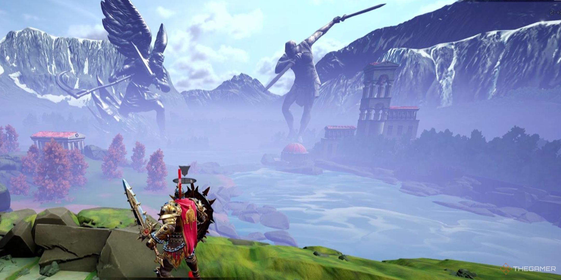 Ares stands on the edge of a cliff, overlooking water leading to two giant stone statues in the distance.