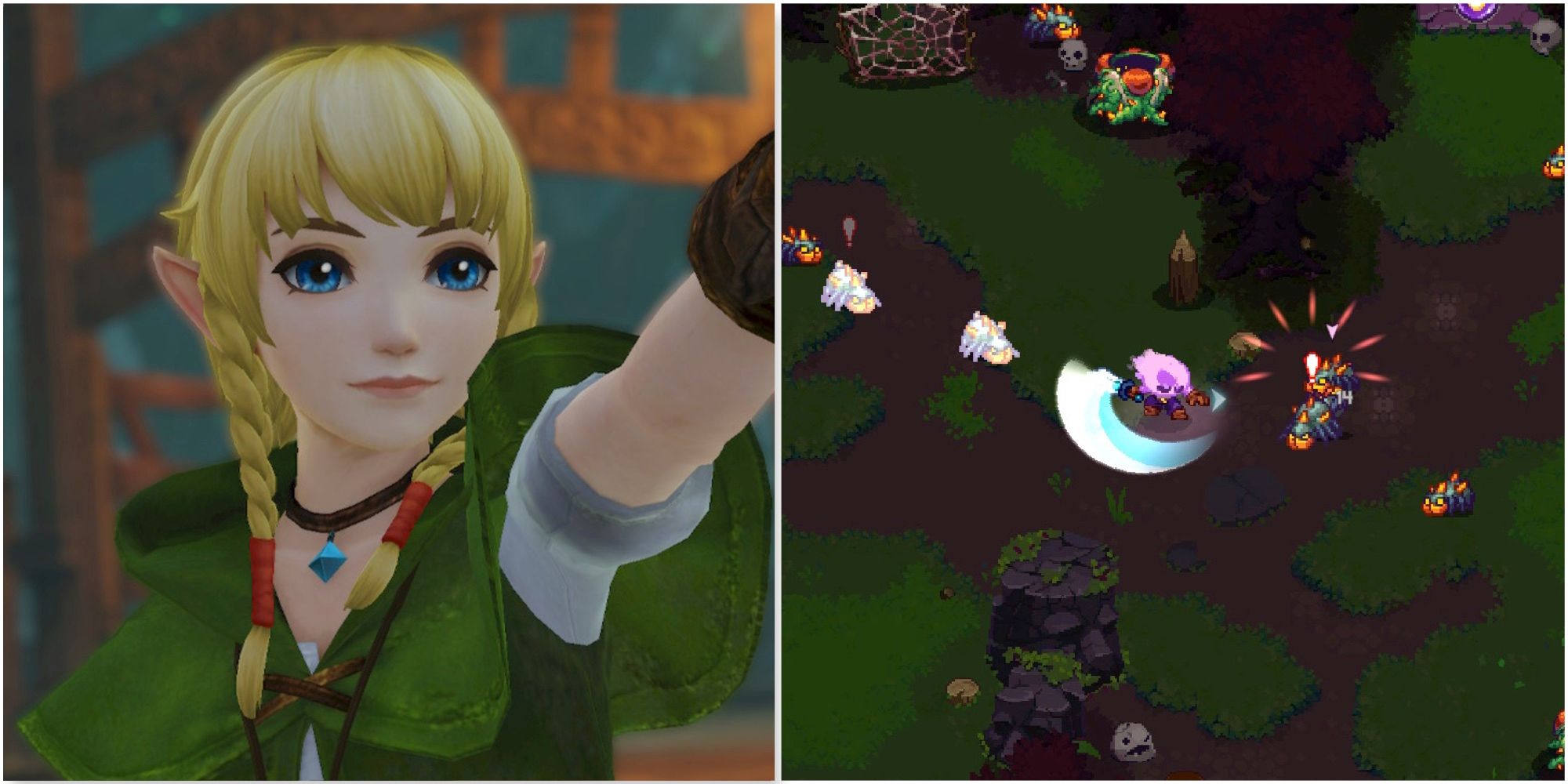 Linkle in Hyrule Warriors and Fighting enemies in Ember Knights