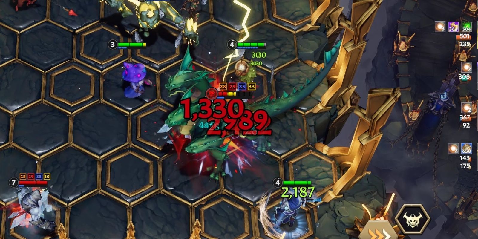 A close up of a hex board. A hydra is covered in damage numbers in the center, on the left is Rinji a purple mushroom man casting spells in The Last Flame.