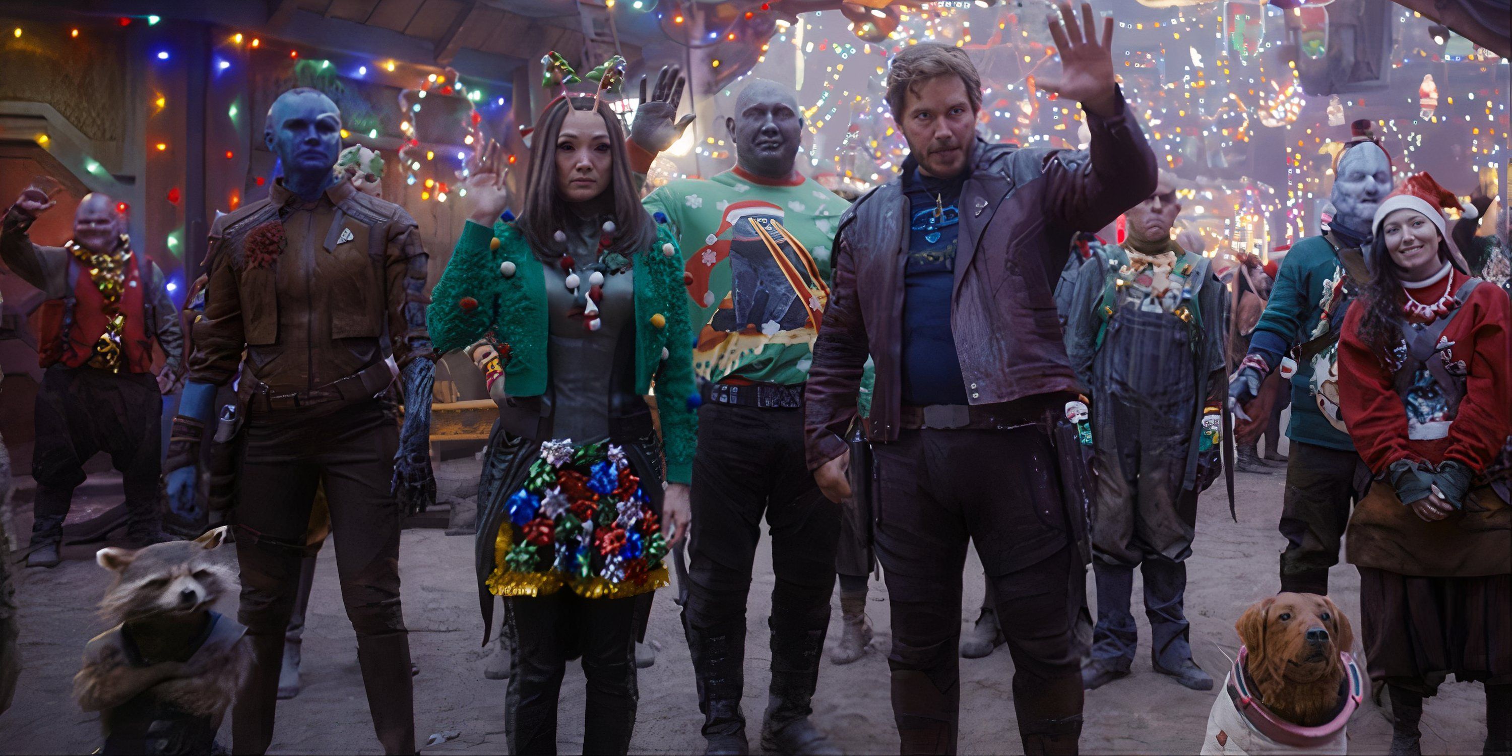 The main cast of The Guardians of the Galaxy surrouned by Christmas lights in the holiday special.