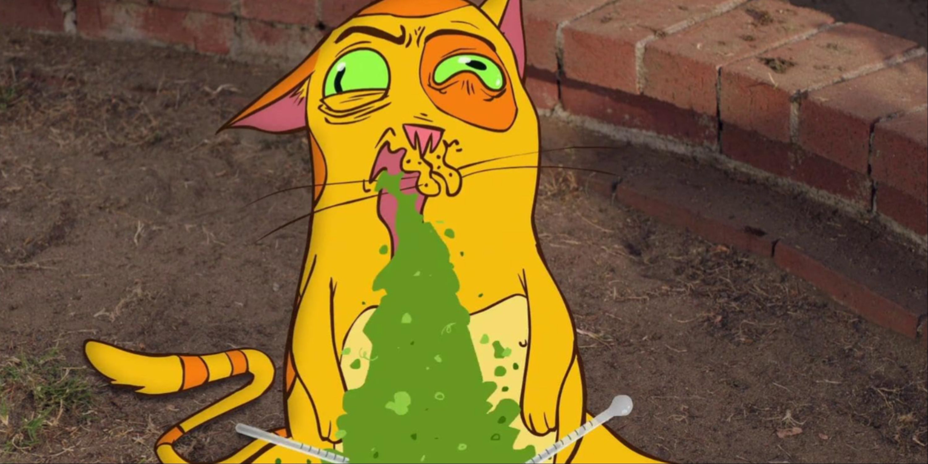 A close-up of the animated yellow cat Beezel puking in James Gunn's segment in Movie 43.