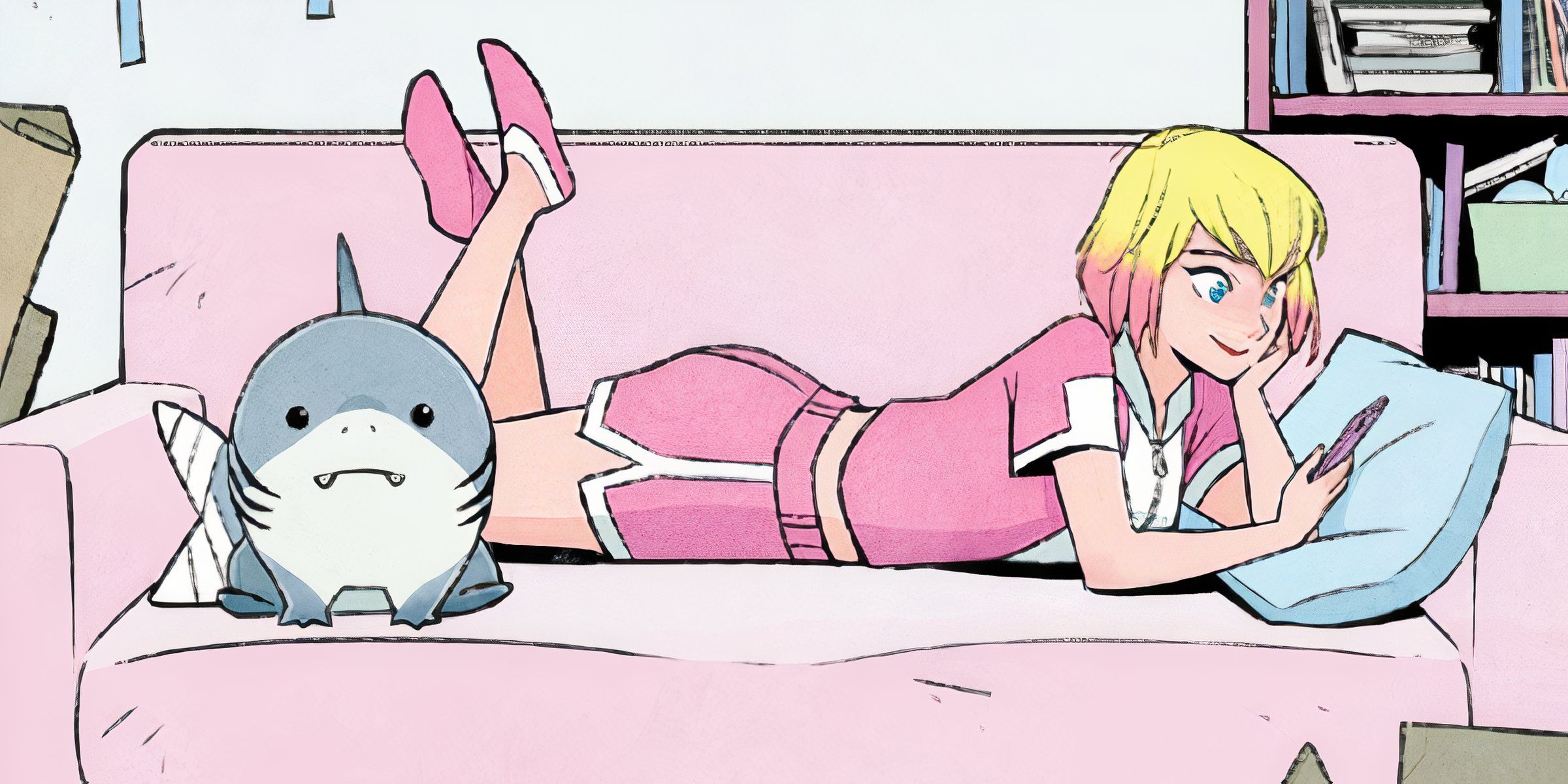 Jeff The Land Shark With Gwenpool On A Couch In Marvel's It's Jeff! Infinity Comic Issue 13.