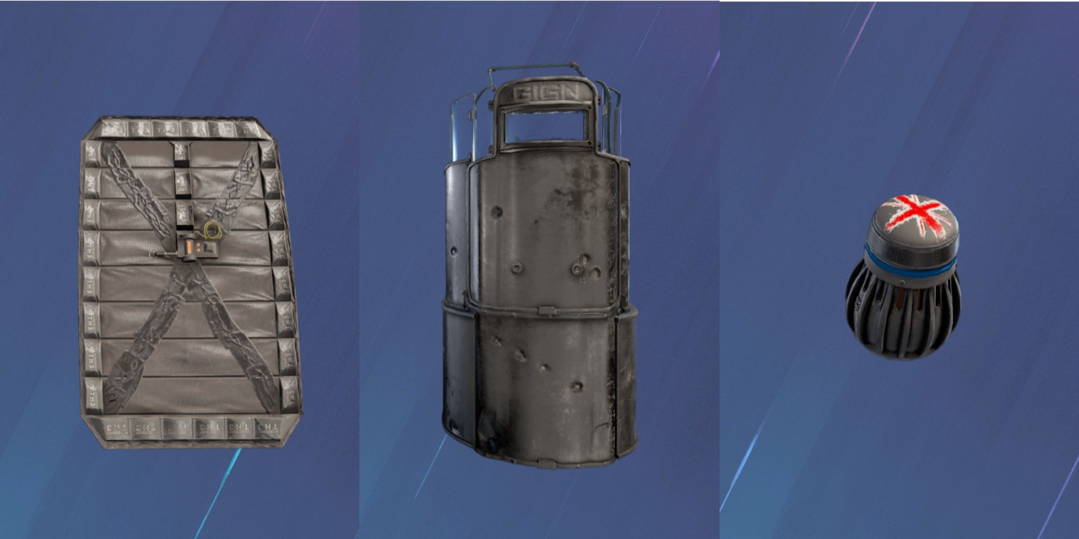 Rainbow Six Siege: Thermite's Exothermic Charge, Montagne's Extendable Shield and Thatcher's EMP Grenade against a blue background