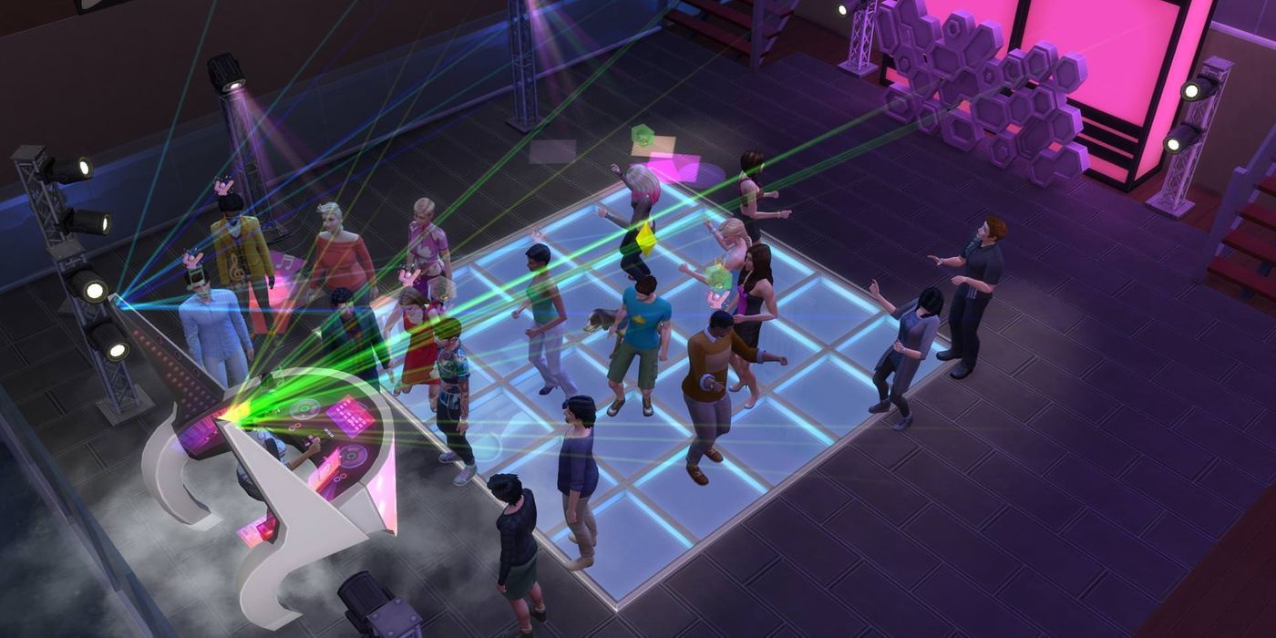 A group of Sims dancing in a nightclub in The Sims 4.