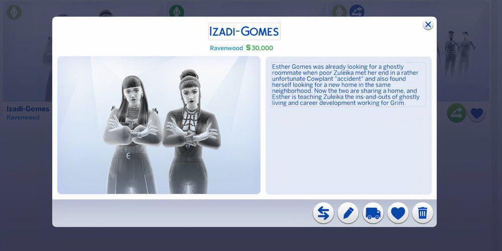 Screenshot showing the household bio for the Izadi-Gomes family in The Sims 4.