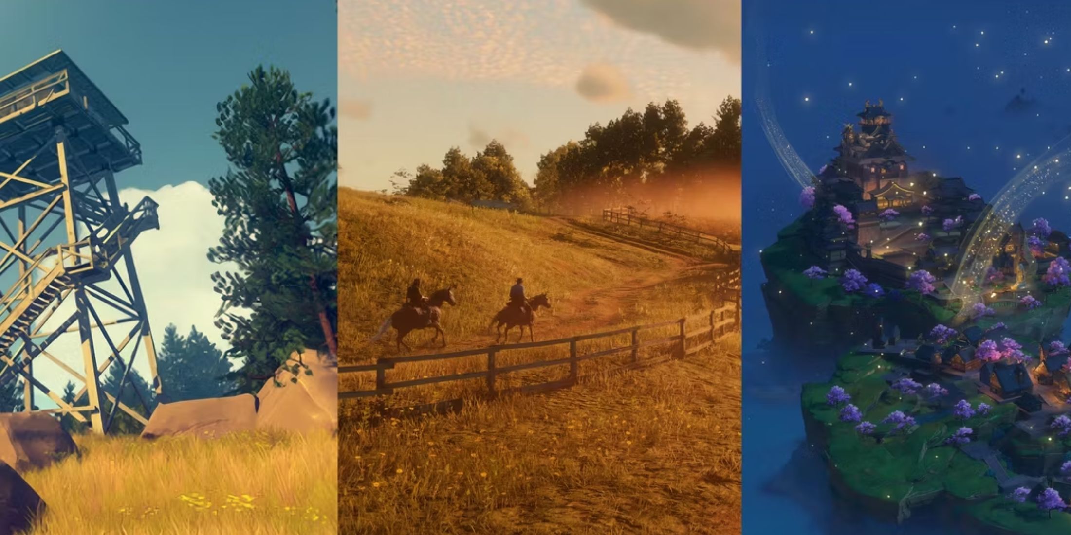 landscapes from Firewatch on left, RDR2 on middle and Genshin Impact on right