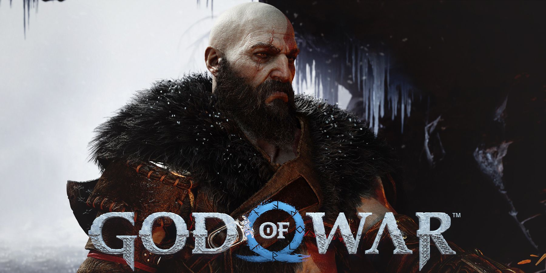 God of War Ragnarok Kratos close-up behind series logo