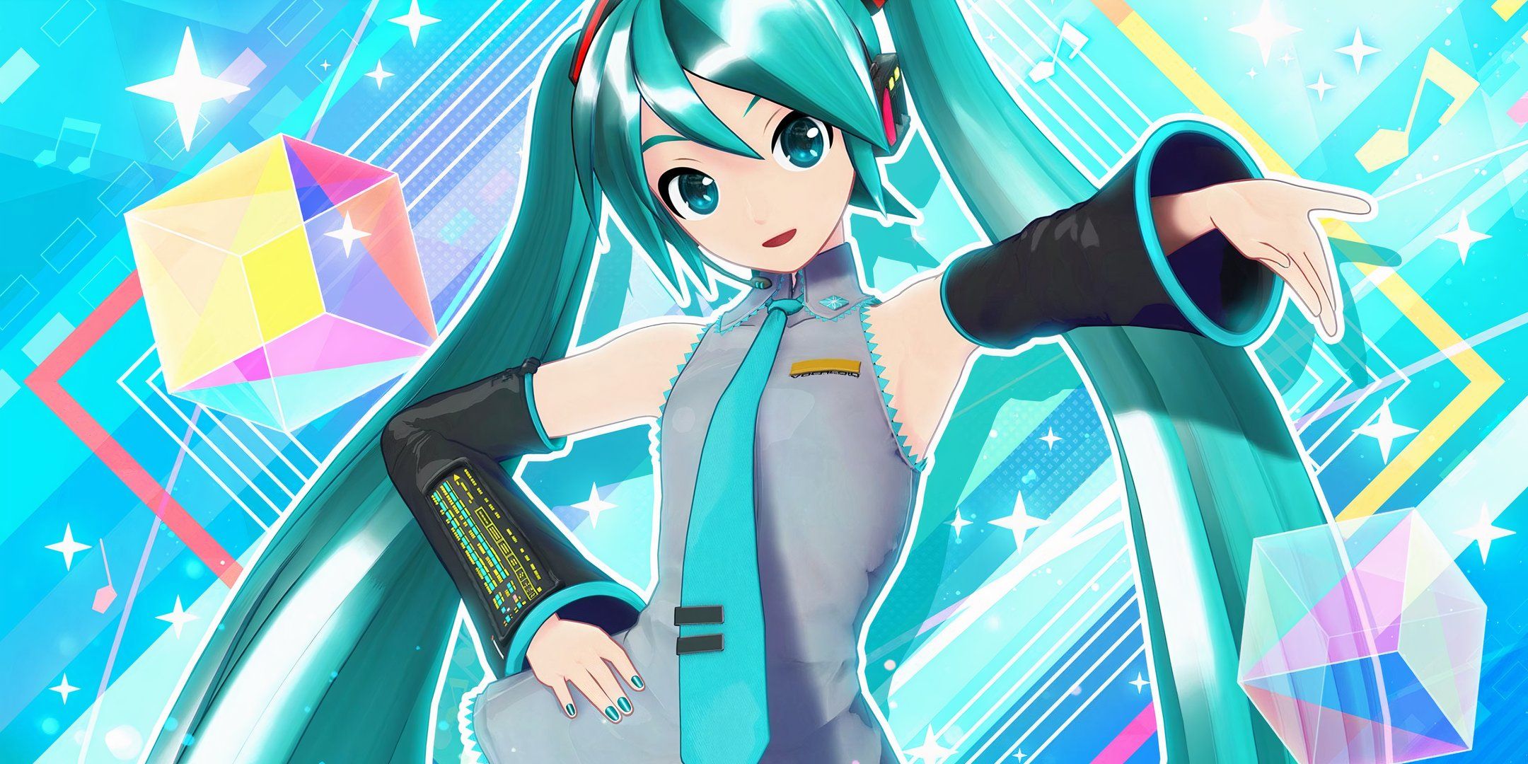 Hatsune Miku holds her left hand out, holding her hand on her right hip as she smiles at the camera.