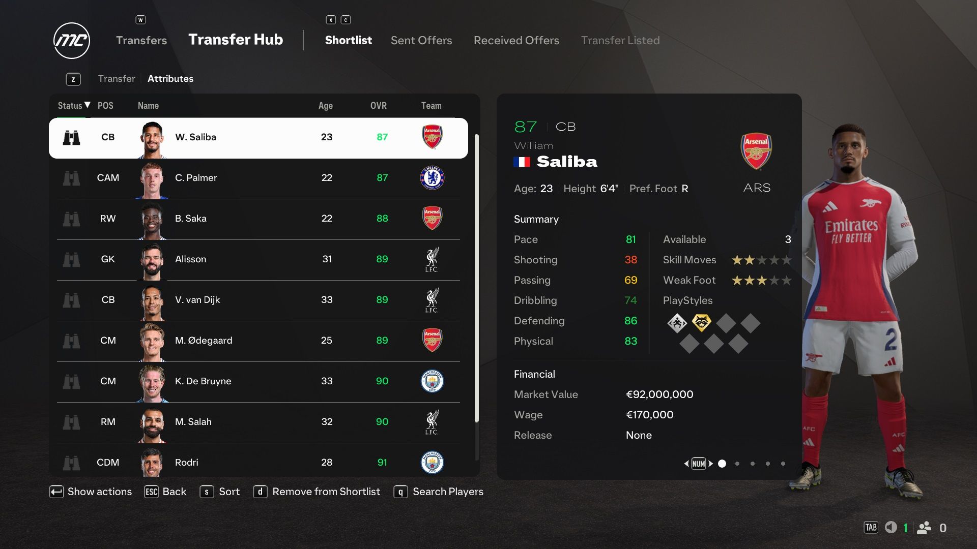 William Saliba in EA Sports FC 25.