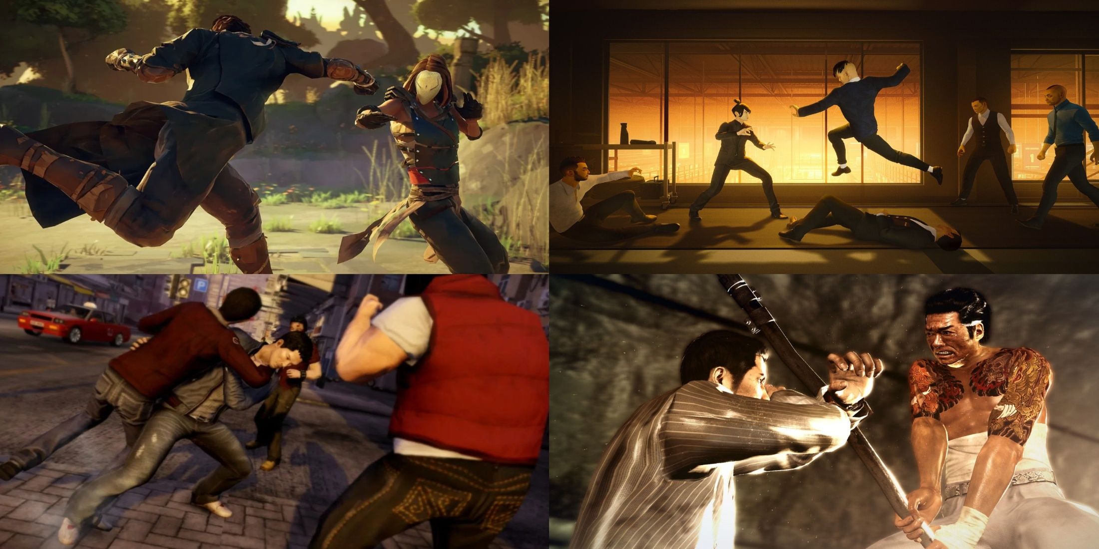 Sifu, Absolver, Yakuza 0, Sleeping Dogs mixed gameplay collage