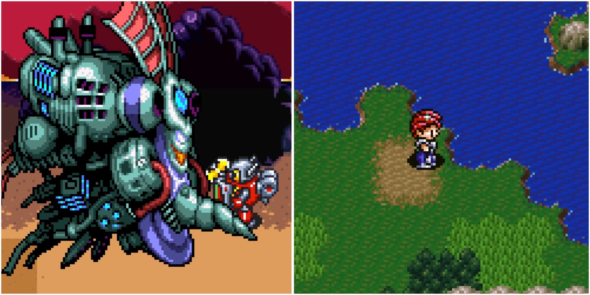 Fighting a boss in Robotrek and Exploring the world map in Lufia 2 Rise Of The Sinistrals