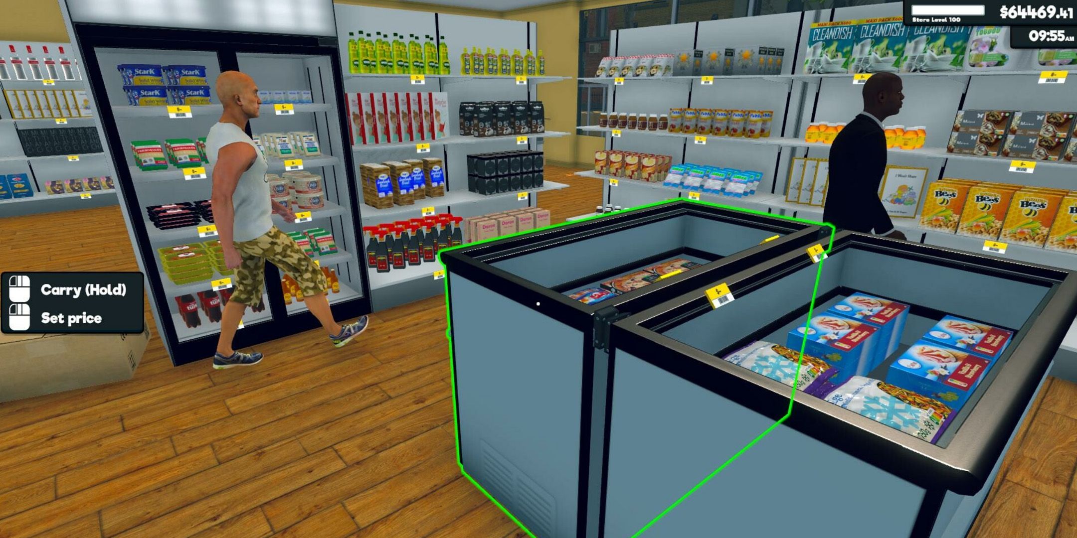 Two customers browsing fully-stocked shelves in Supermarket Simulator.