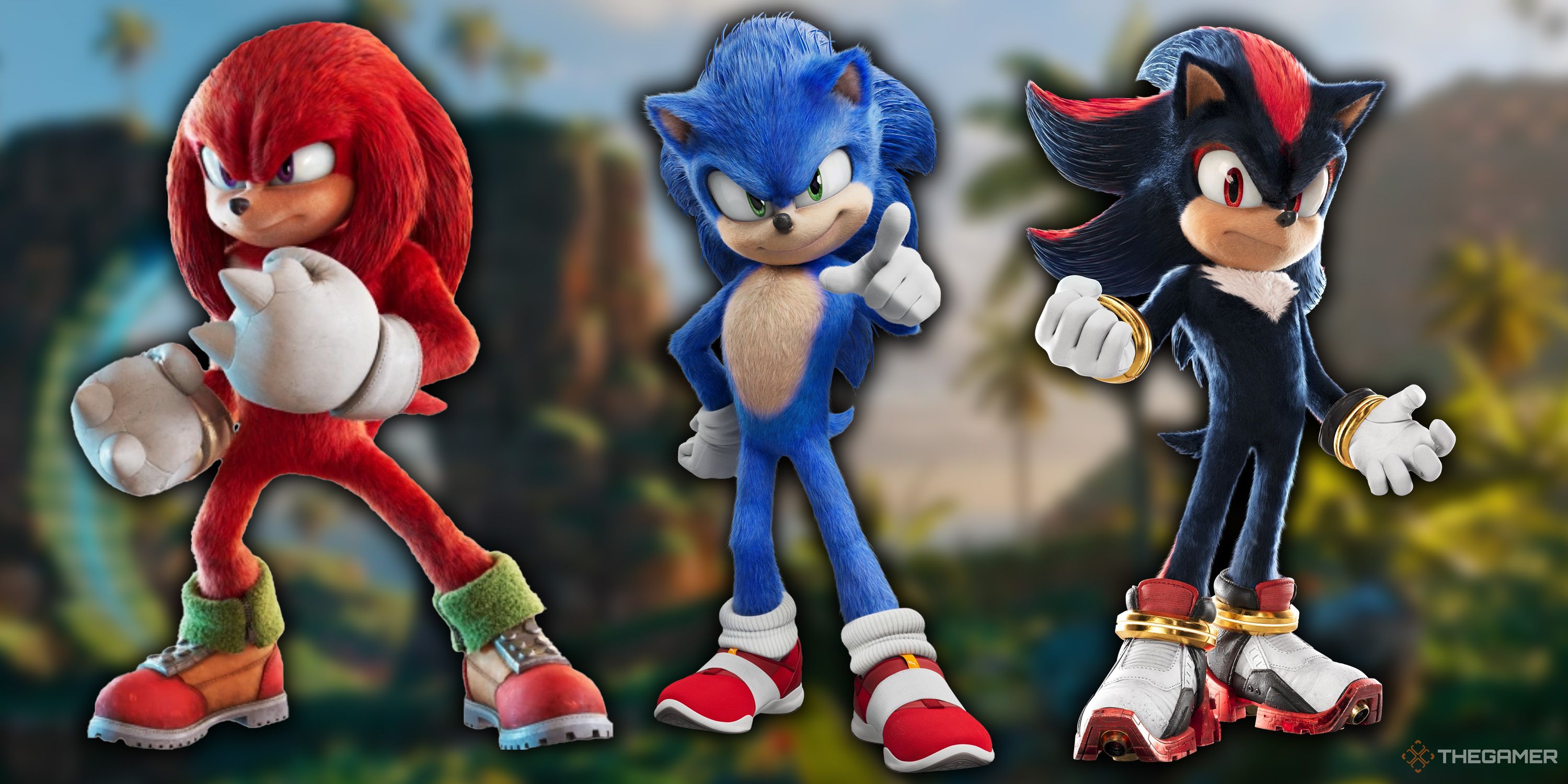 Knuckles, Sonic, and Shadow standing in Green Hill.