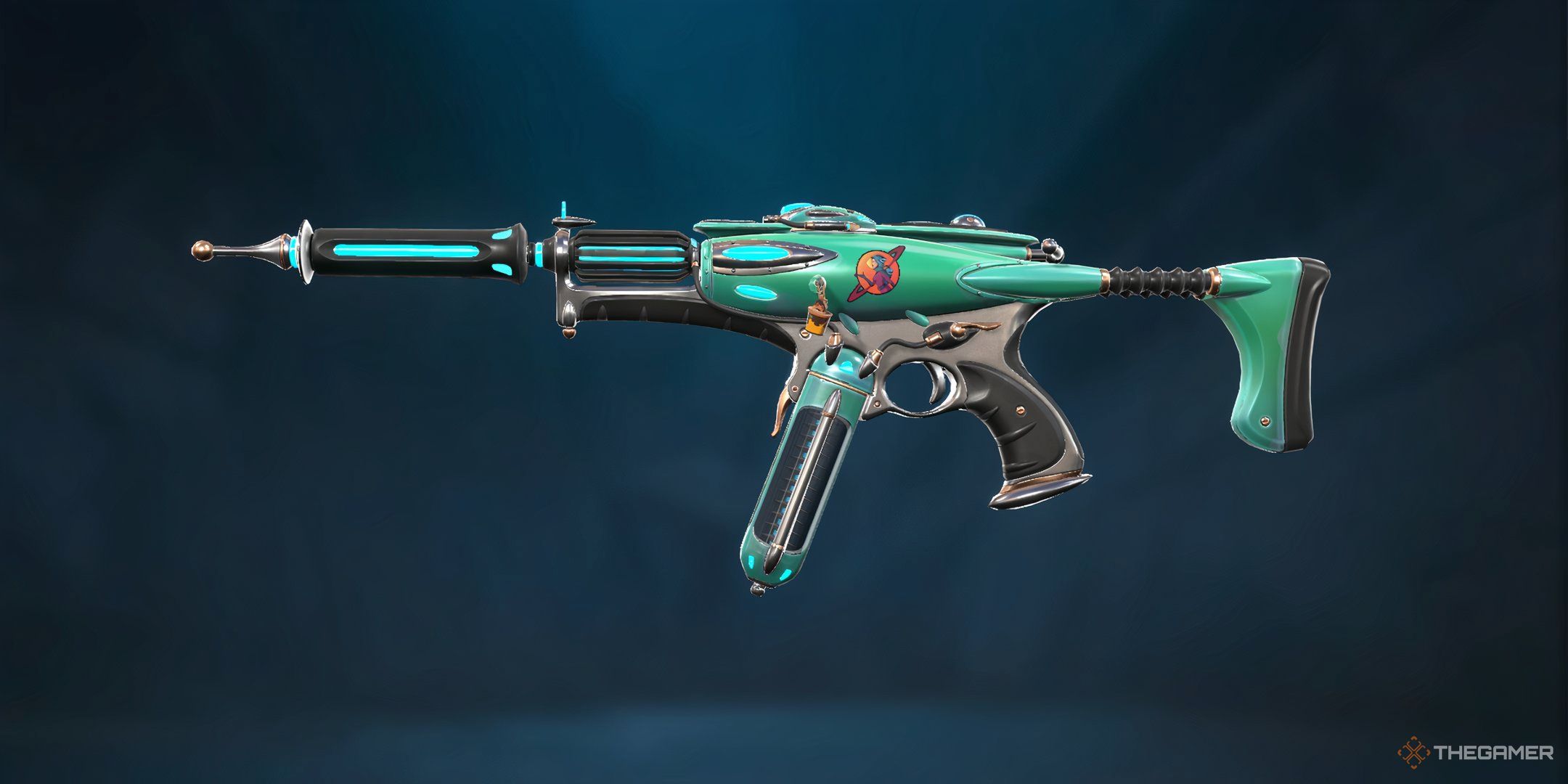 Showcasing the Gravitational Uranium Neuroblaster Spectre skin's green variant in Valorant's Collection menu.