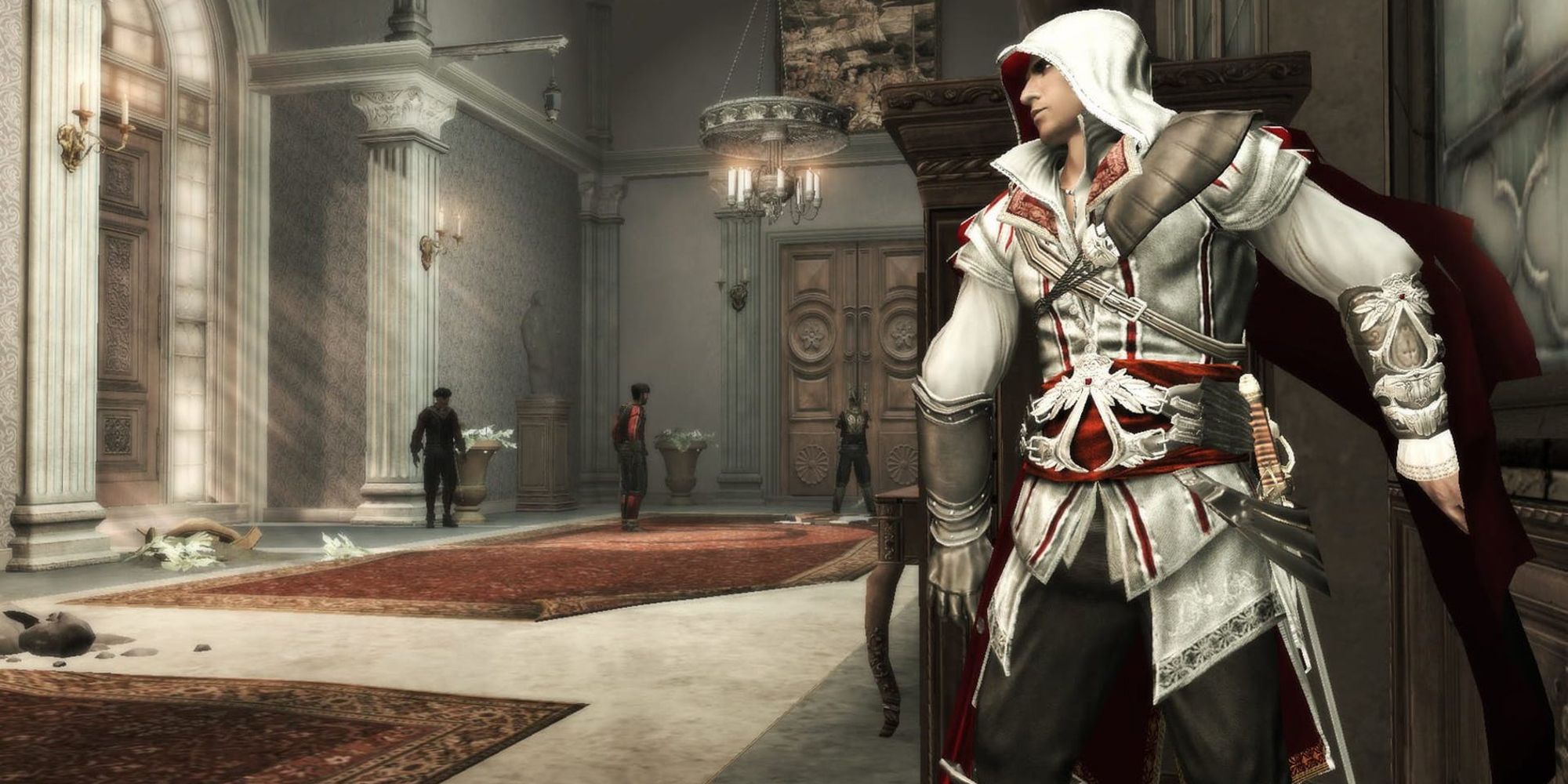 Ezio hiding behind cover in Assassin's Creed 2