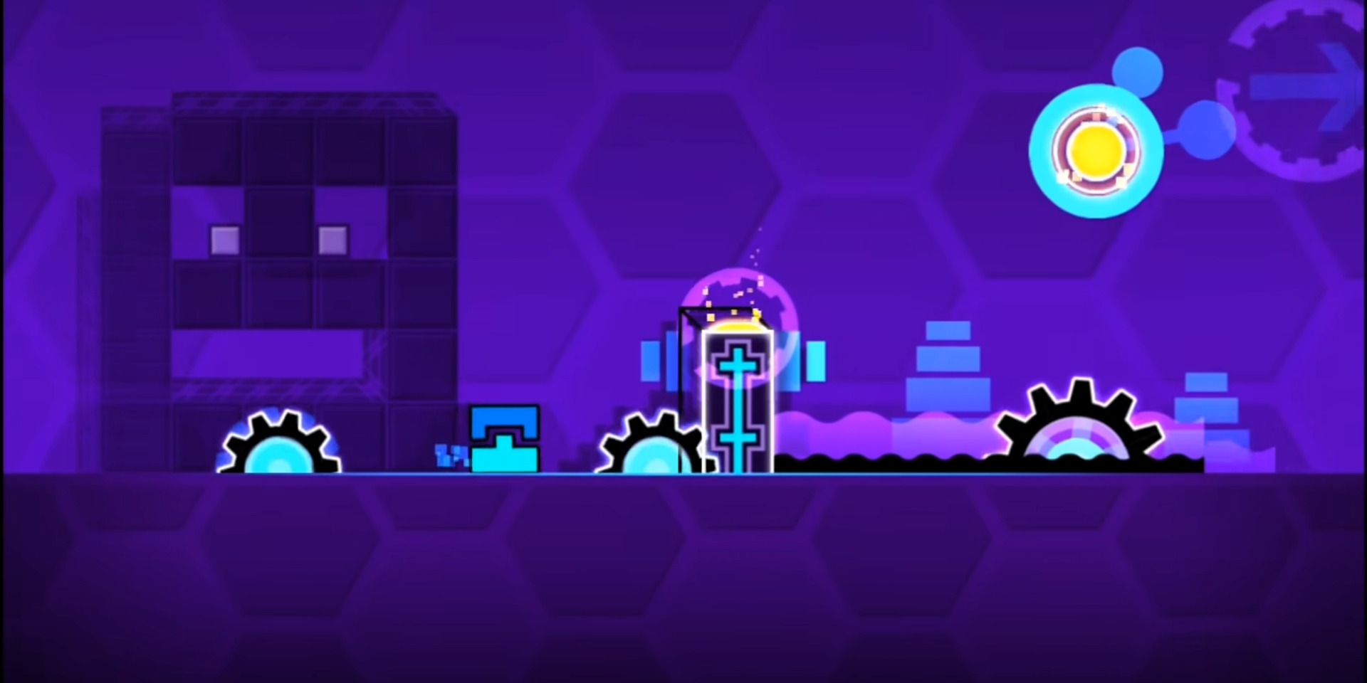 A player in the Blast Processing level in Geometry Dash