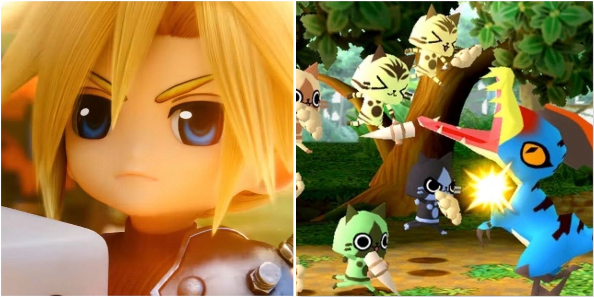 Cloud in Itadaki Street Dragon Quest & Final Fantasy 30th Anniversary and Fighting a battle in Monster Hunter Diary Poka Poka Airou Village