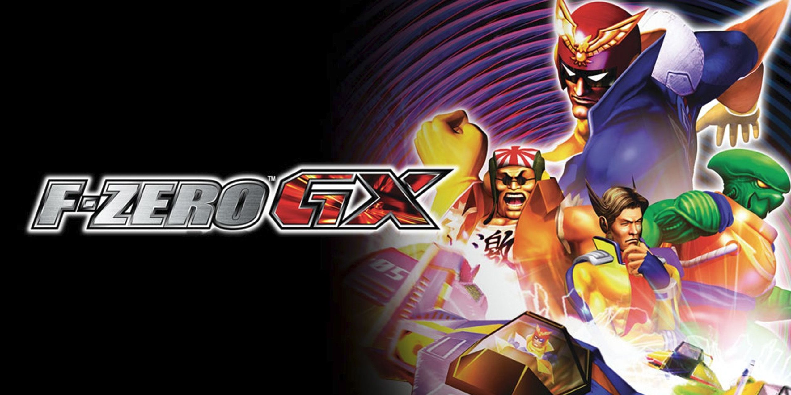 Cover art for F-Zero GX, showing Captain Falcon, Samurai Goroh, Pico, and Dr. Stewart.