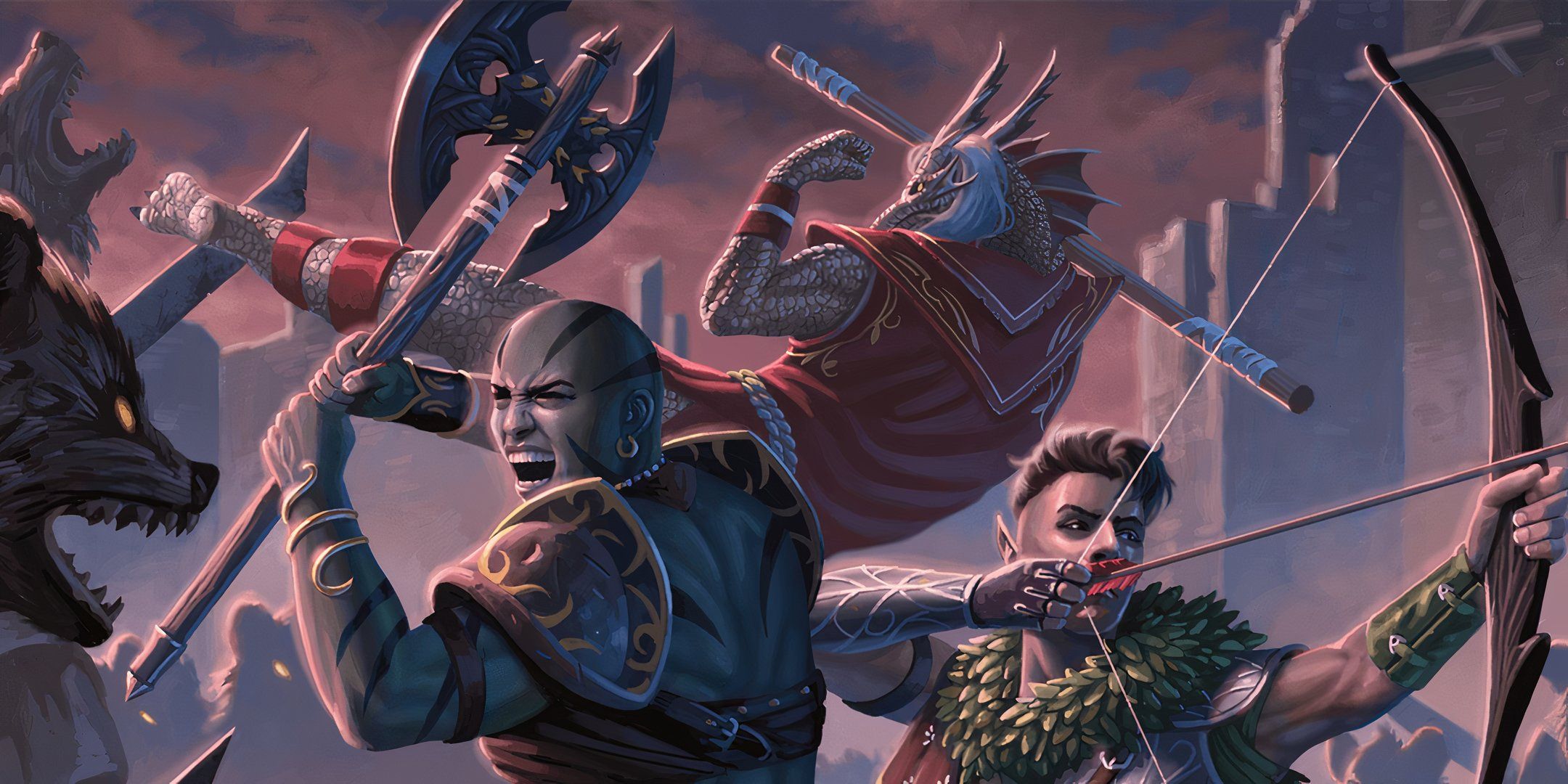 An orc and an elf fight side-by-side with a dragonborne monk in Dungeons & Dragons.