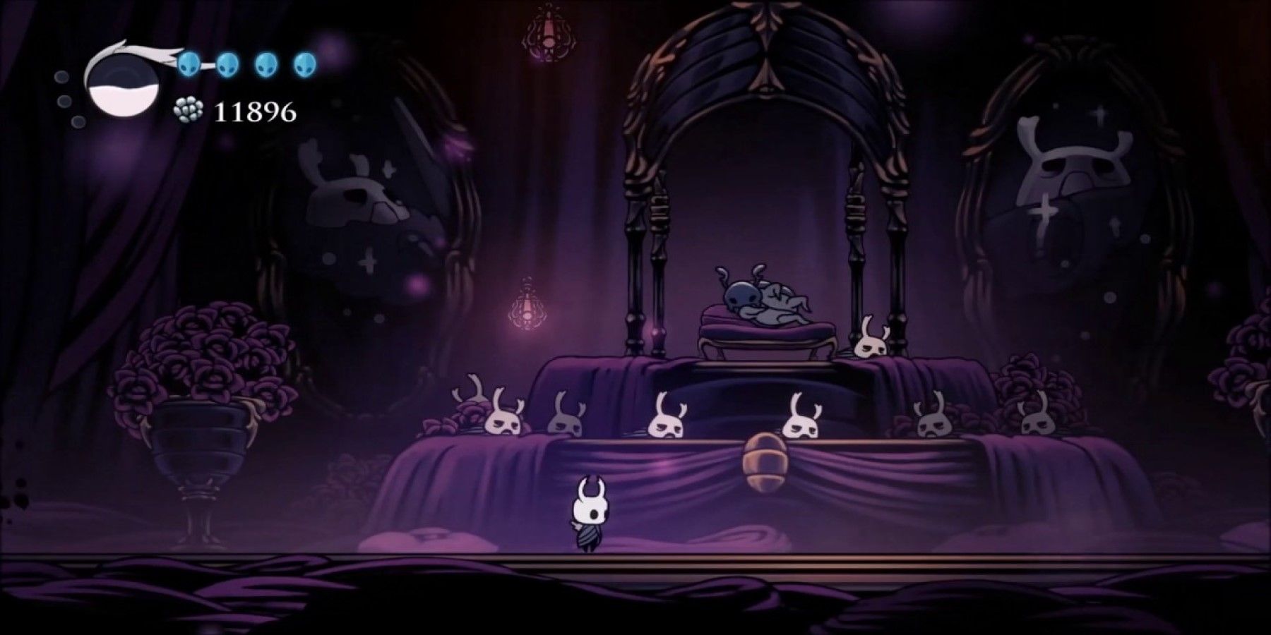 The Protagonist Of Hollow Knight In A Crypt-Like Cavern Containing Similar Looking Masks To That They Are Wearing