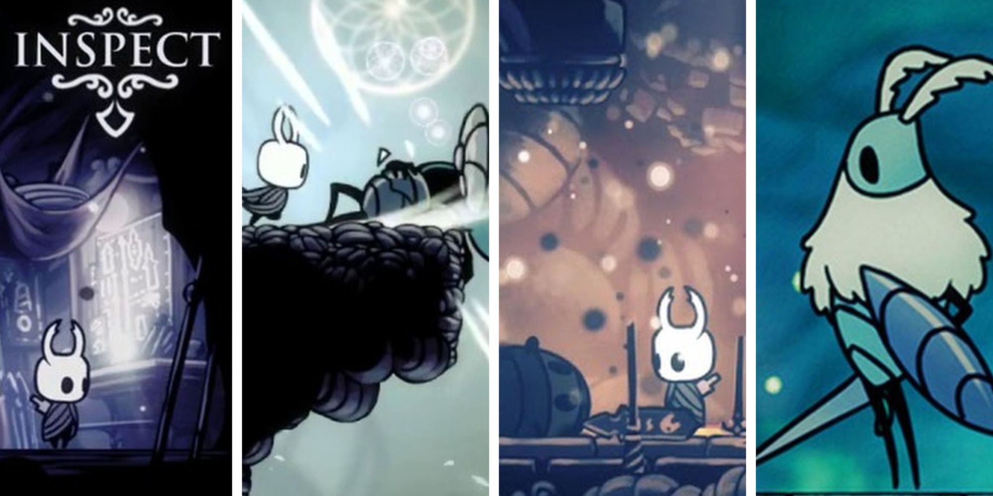 Hollow Knight inspecting, with character, walking, and other creature