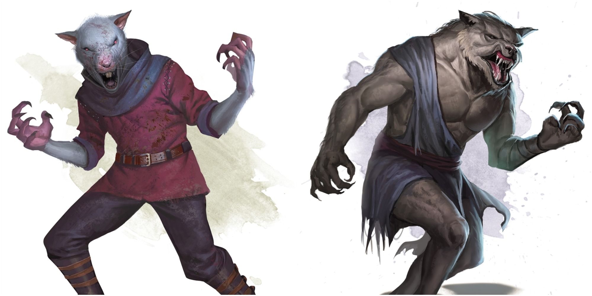 Dungeons & Dragons art showing lycanthropes, werewolf and wererat.