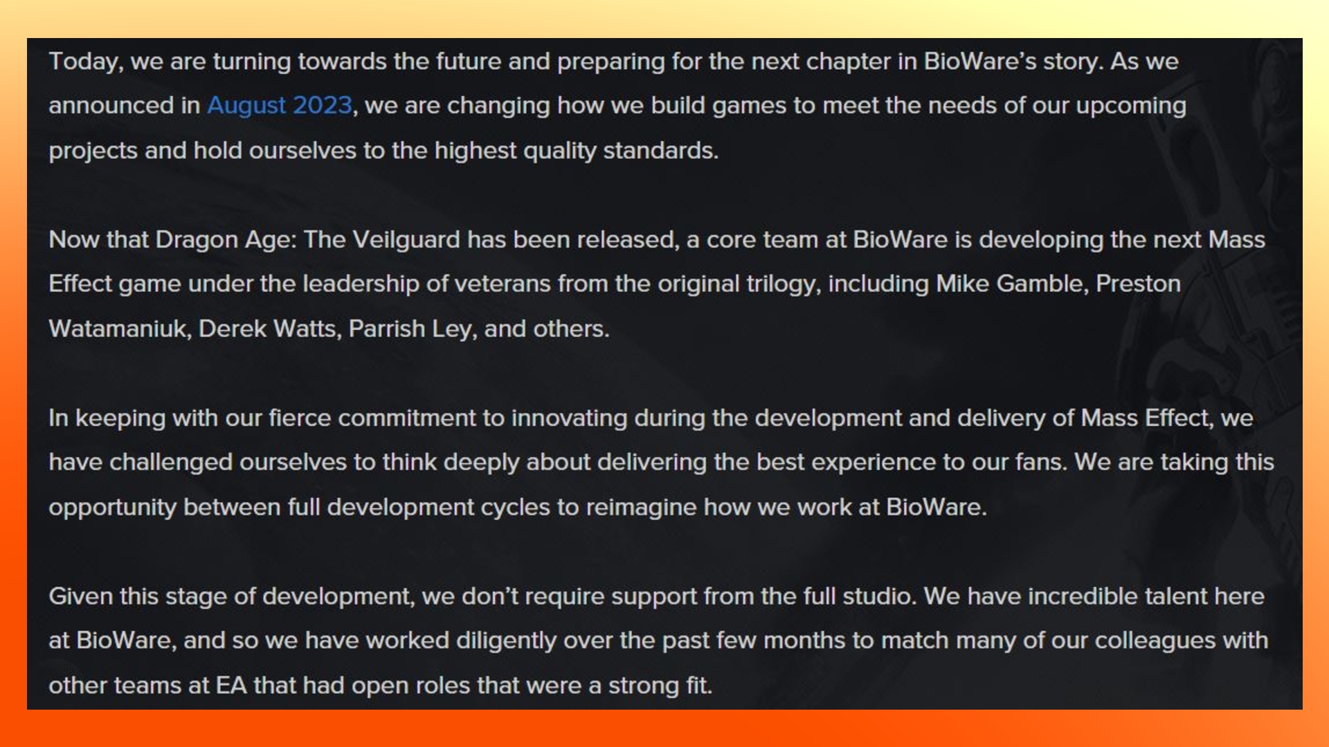 BioWare Mass Effect: A snippet of a statement posted by BioWare about its restructuring