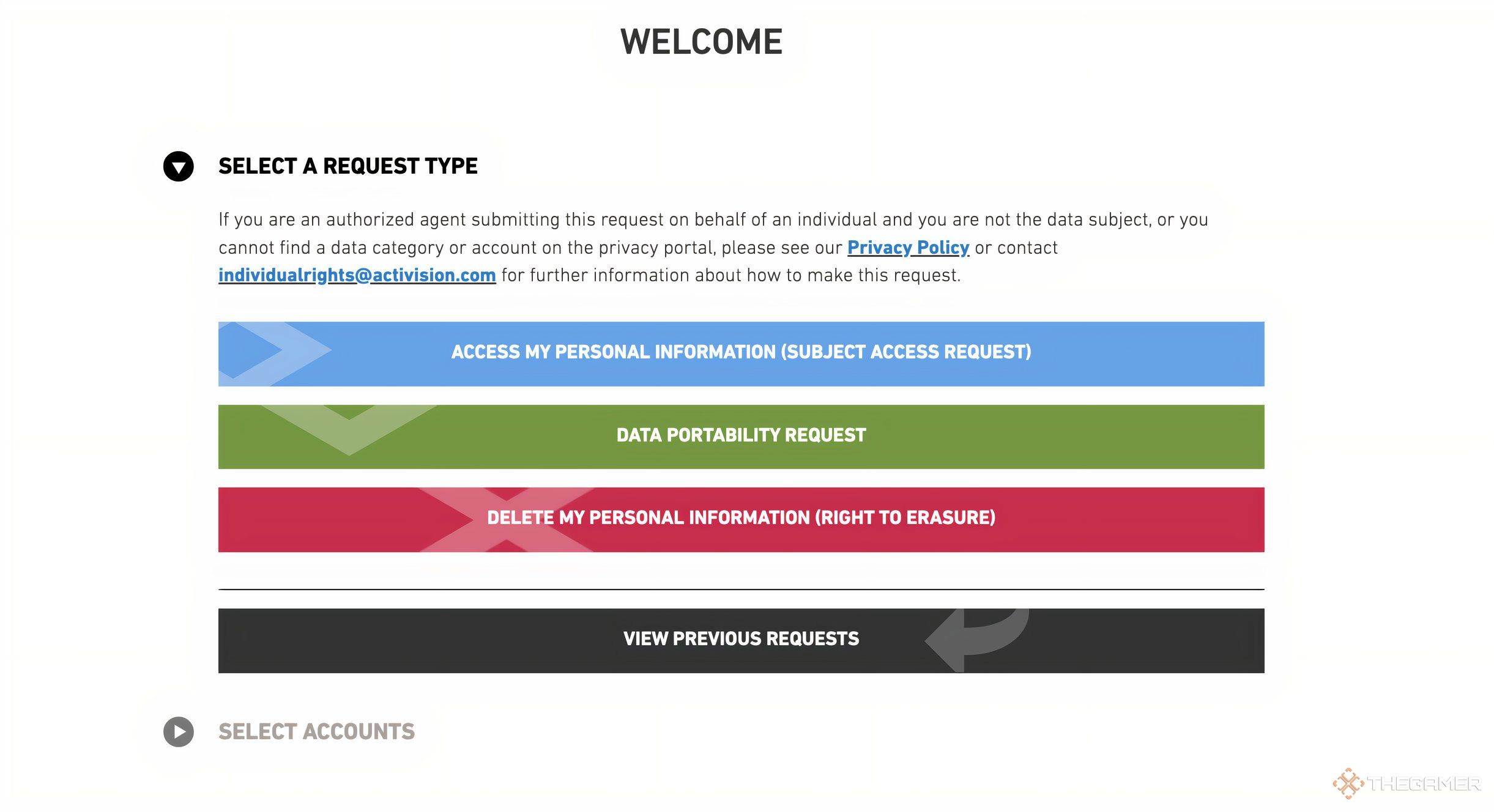 The screen to select a subject access request on the Activision website.
