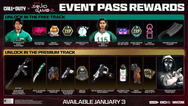 A screenshot shows the battle pass rewards for the Squid Game event.