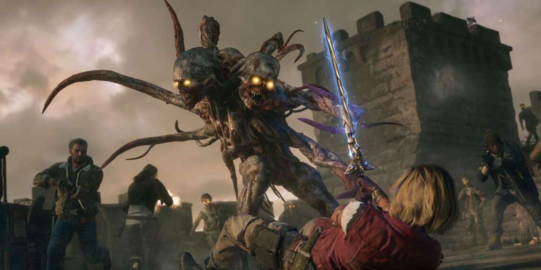 Black Ops 6 Zombies character lying on the floor, fending off a monster with a glowing sword.