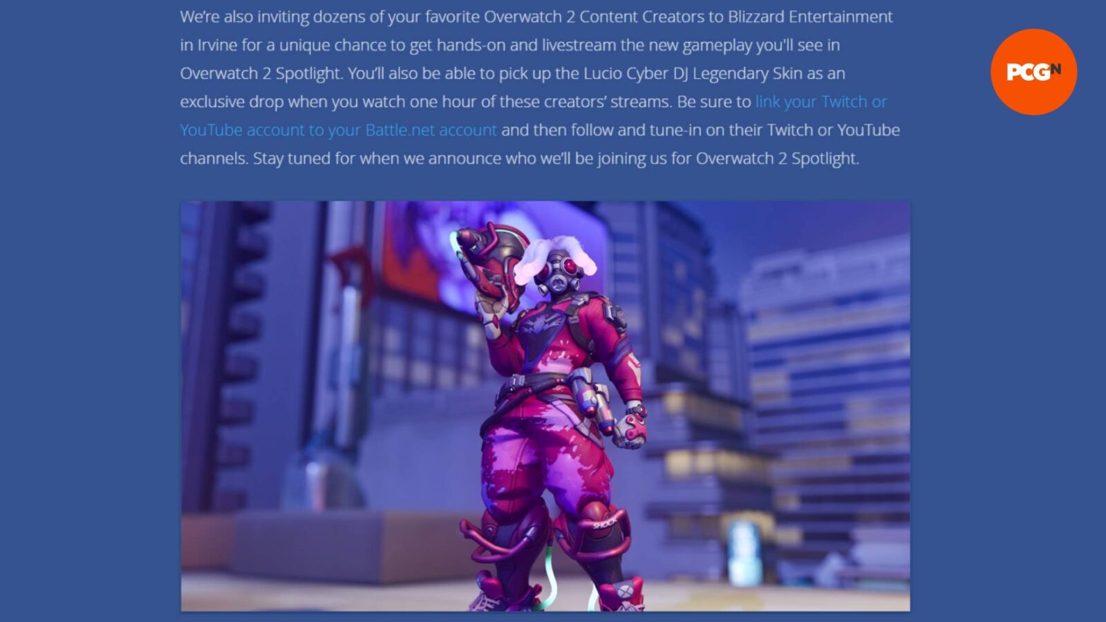 An image of an Overwatch 2 blog discussing the Cyber DJ Lucio skin as part of a Twitch drop campaign