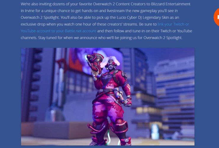 An image of an Overwatch 2 blog discussing the Cyber DJ Lucio skin as part of a Twitch drop campaign