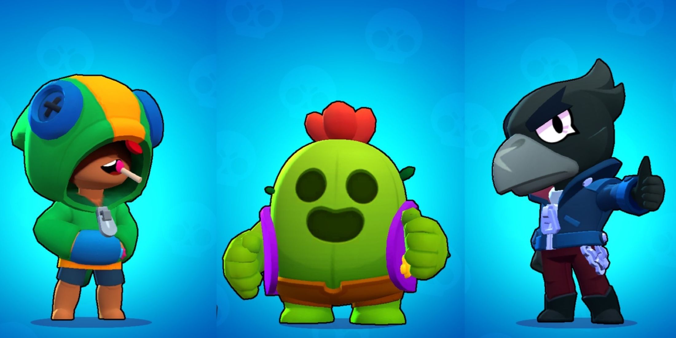 Leon, Spike, and Crow on a blue background in Brawl Stars