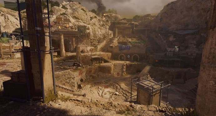 A screenshot of Call of Duty: Black Ops 6's The Tomb map for Zombies mode, showing an abandoned excavation site leading to ancient catacombs.