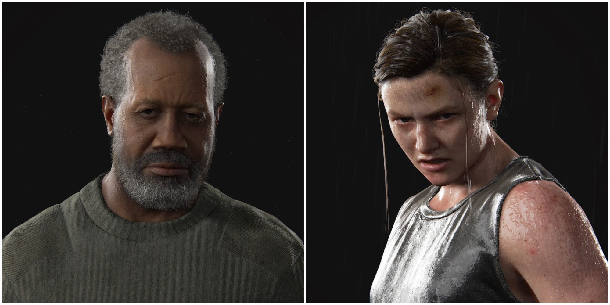 Split image showing Isaac Dixon and Abby Anderson in The Last of Us Part II.