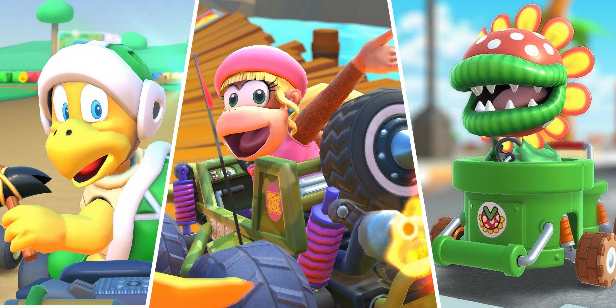 A Hammer Bro., Dixie Kong, and Petey Piranha in Mario Kart Tour.