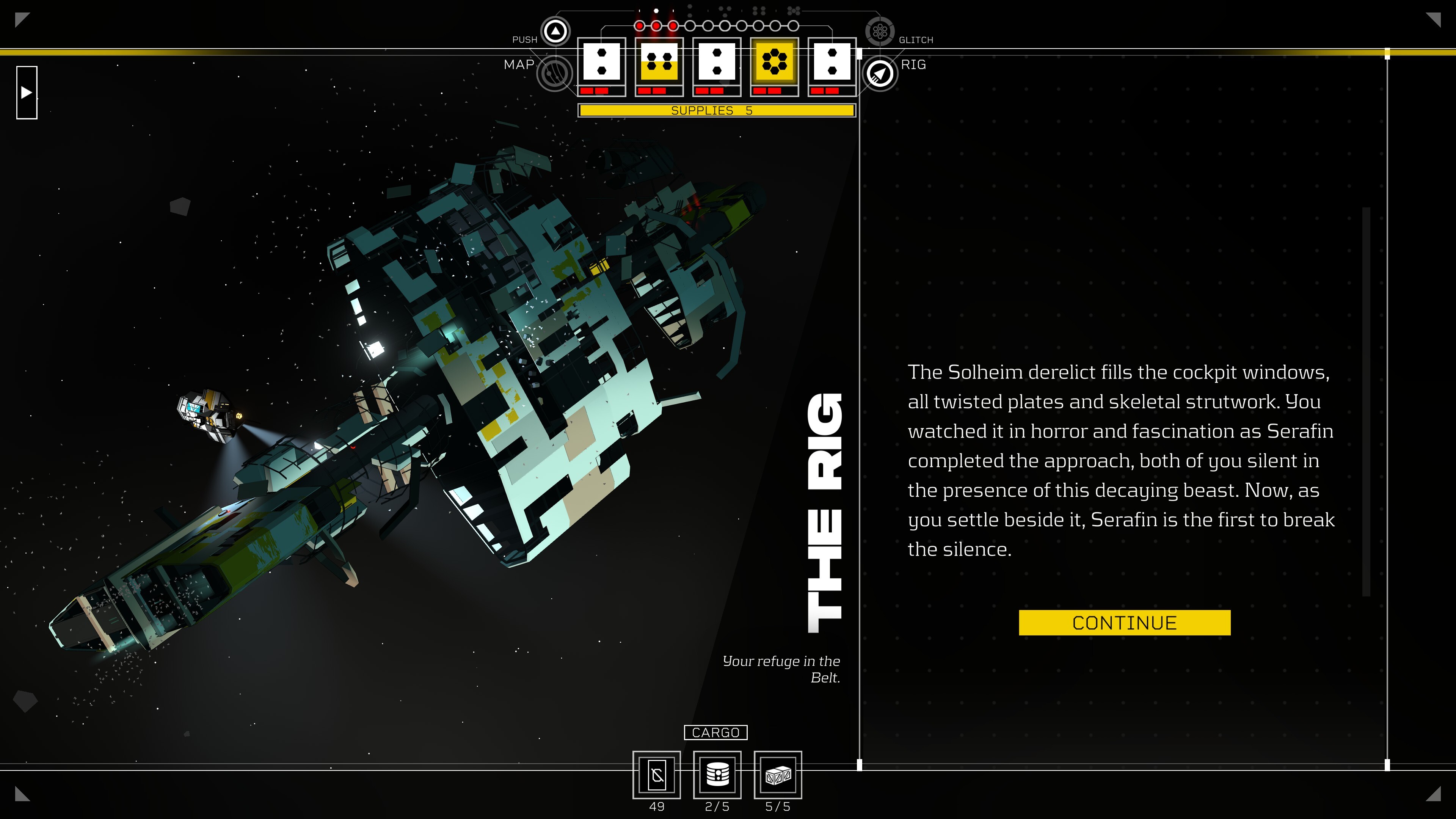 Citizen Sleeper 2: Starward Vector screenshot showcasing the rig and gameplay with narrative text