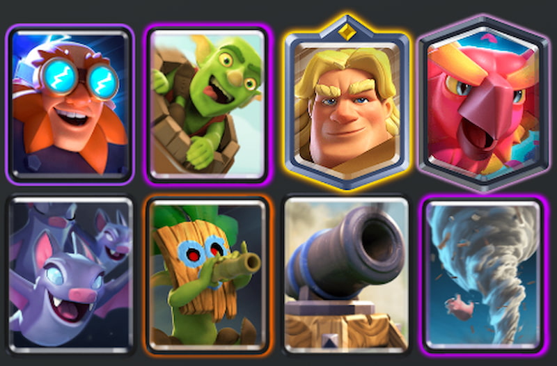 Dart Goblin, Golden Knight, Electro Giant, Tornado, Cannon, Bats, Goblin Barrel, Phoenix