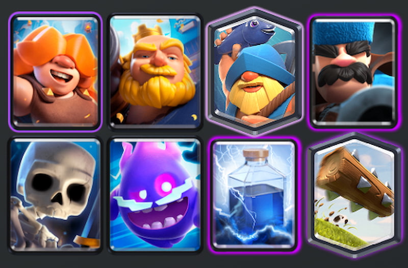 Rune Giant, Royal Giant, Fisherman, Hunter, Skeletons, Lightening, Electro Spirit, The Log