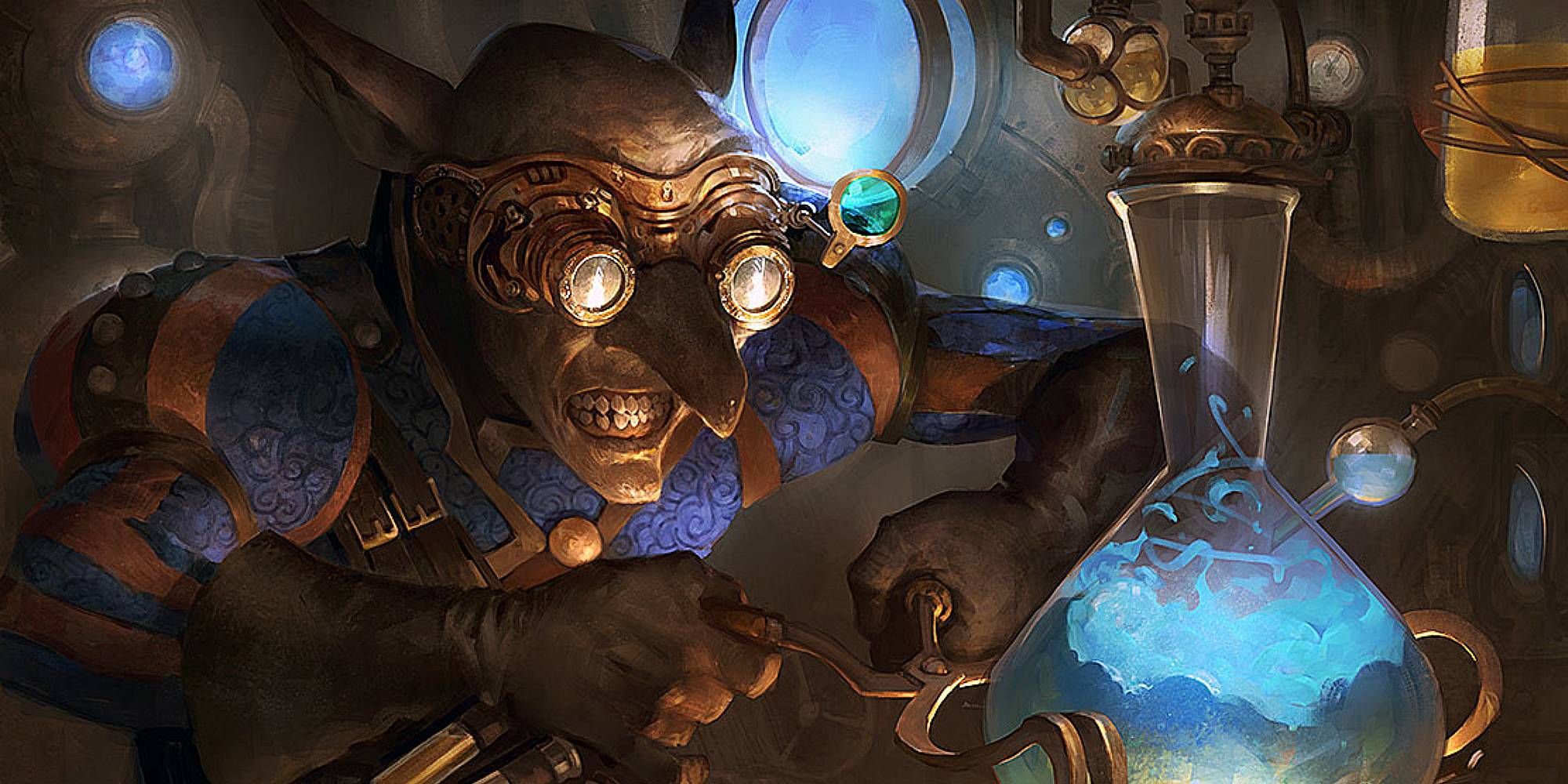 An Izzet goblin holds tongs as they prepare to move some fiery blue liquid in Dungeons & Dragons art.